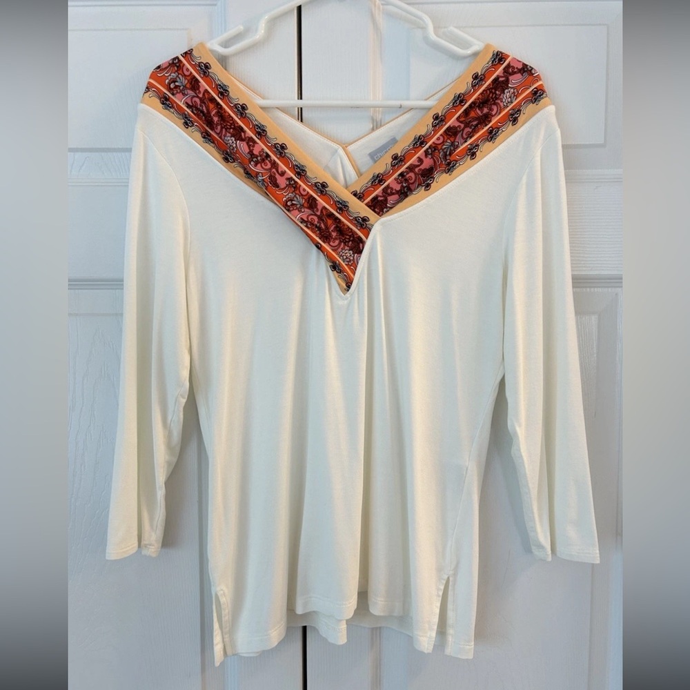 Chico’s Women’s Orange Flower Print Long Sleeve V-Neck Tunic Blouse Shirt Size S